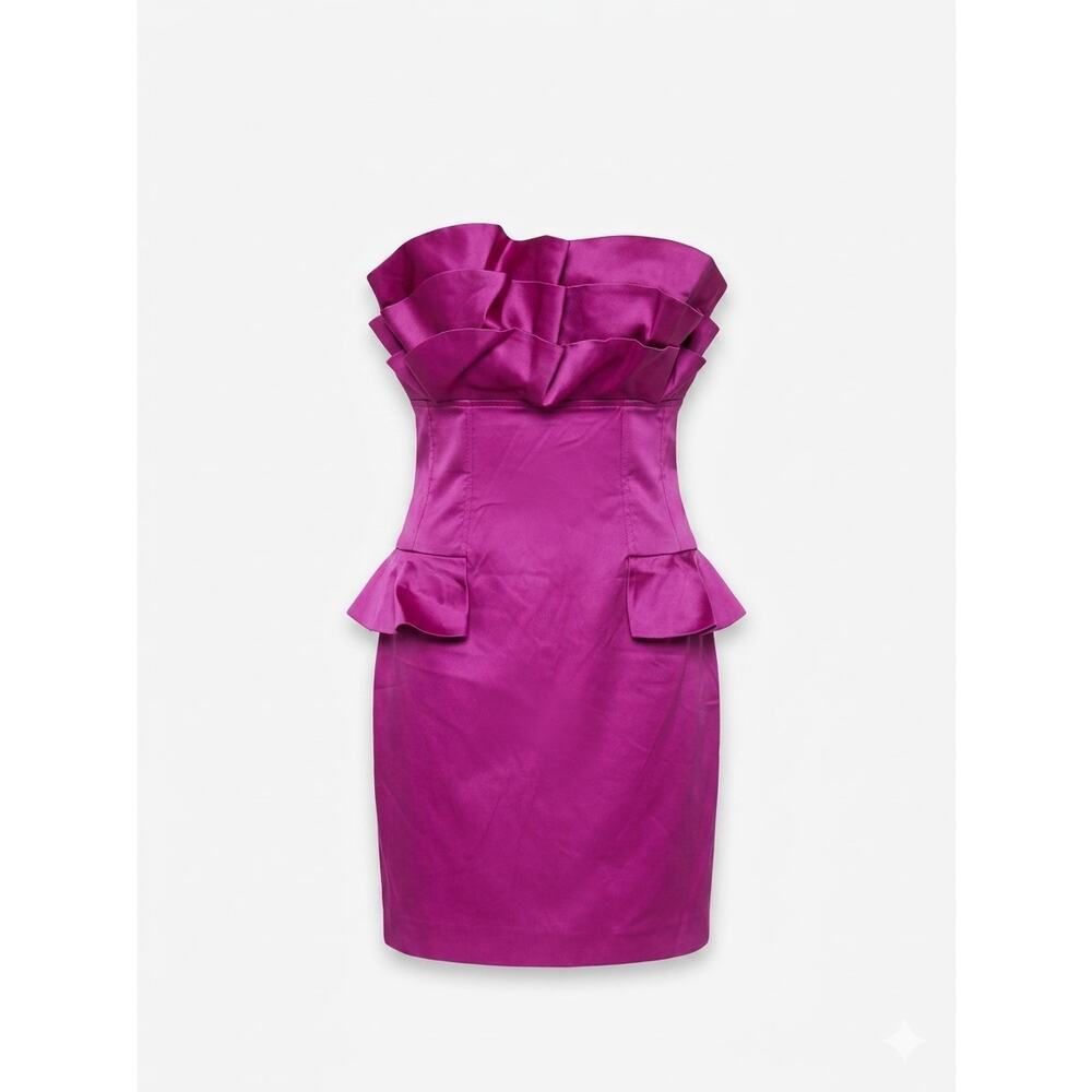 Ted Baker Magenta Satin Ruffle Strapless Peplum Cocktail Dress - Size 2
